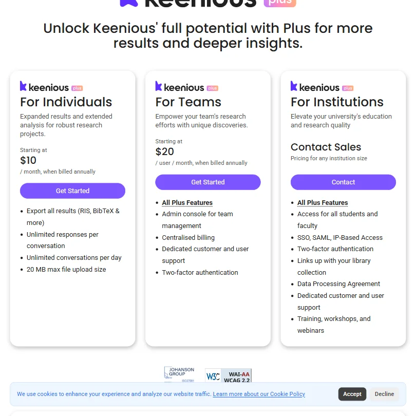 Keenious pricing screenshot