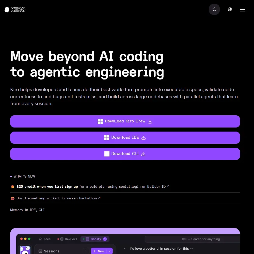 Kiro homepage screenshot