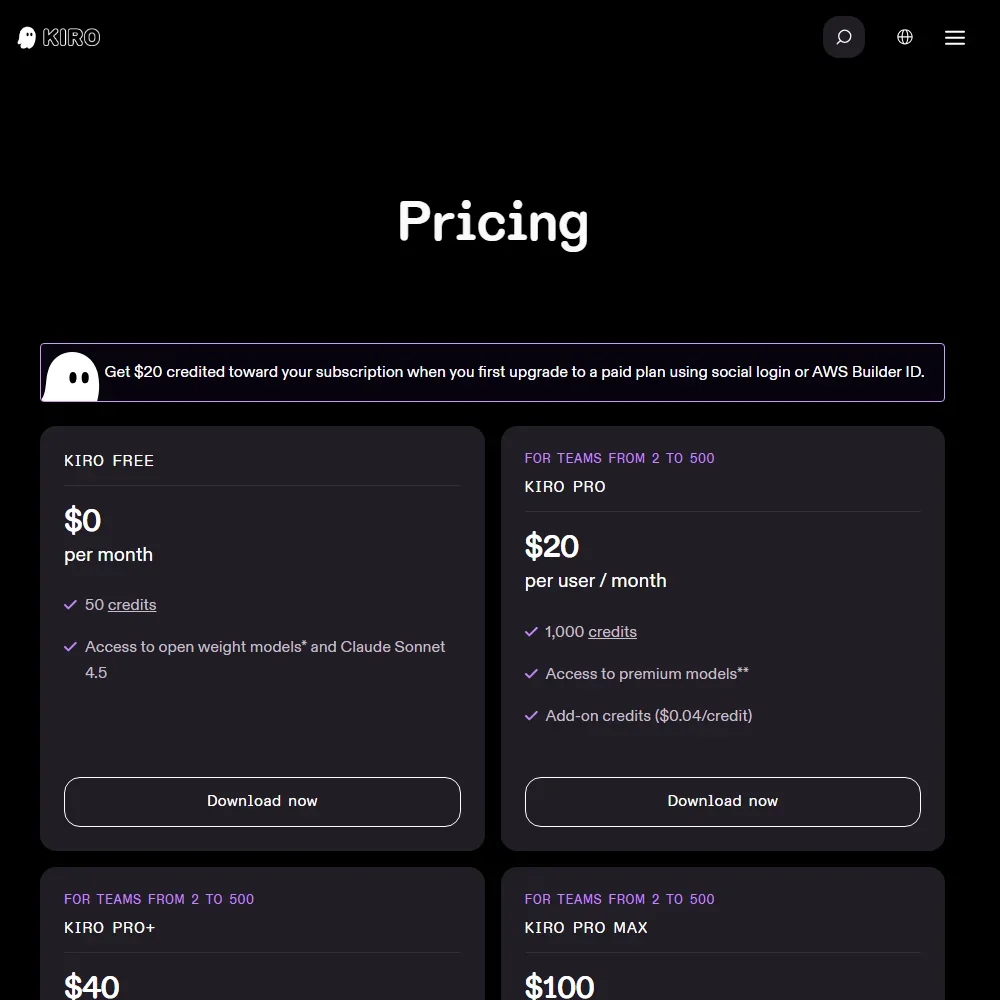 Kiro pricing screenshot