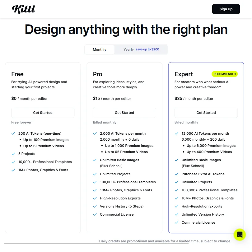 Kittl pricing screenshot
