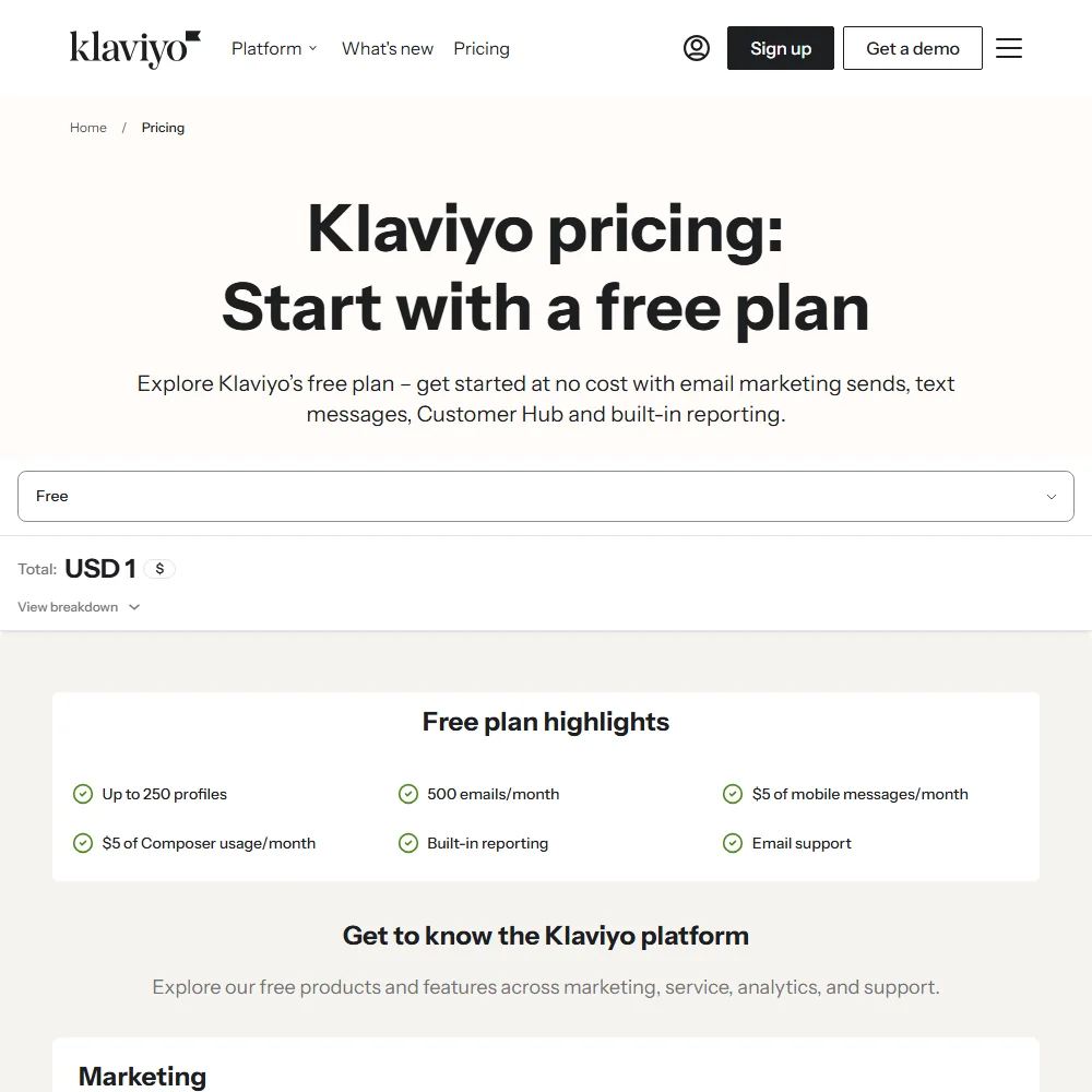 Klaviyo pricing screenshot