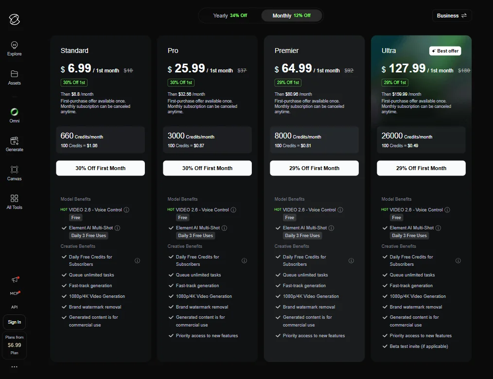 Kling AI pricing screenshot