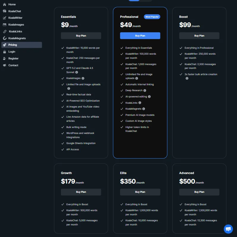 Koala AI pricing screenshot
