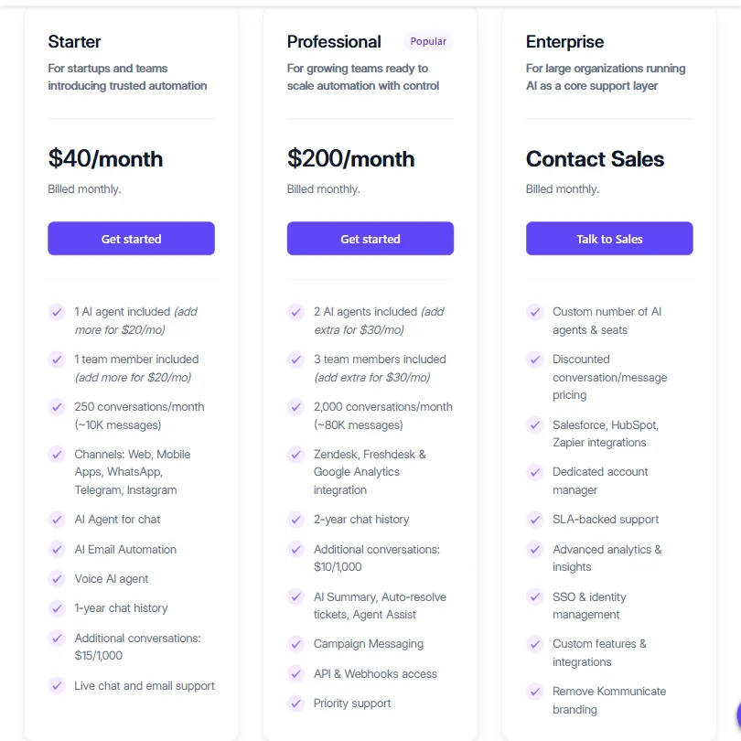 Kommunicate pricing screenshot