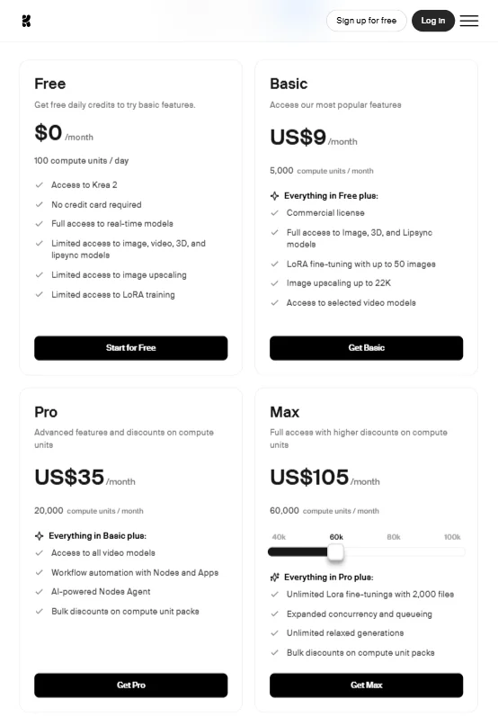 Krea pricing screenshot