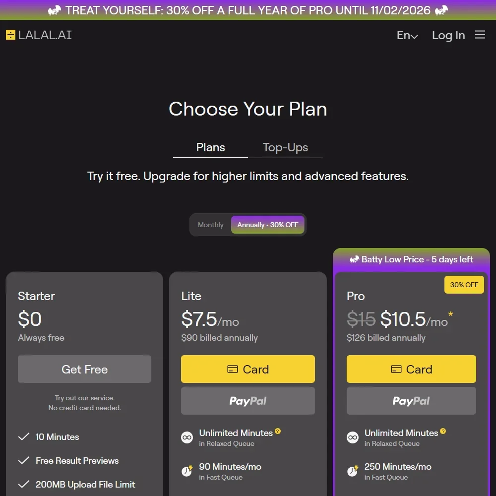 LALAL.AI pricing screenshot