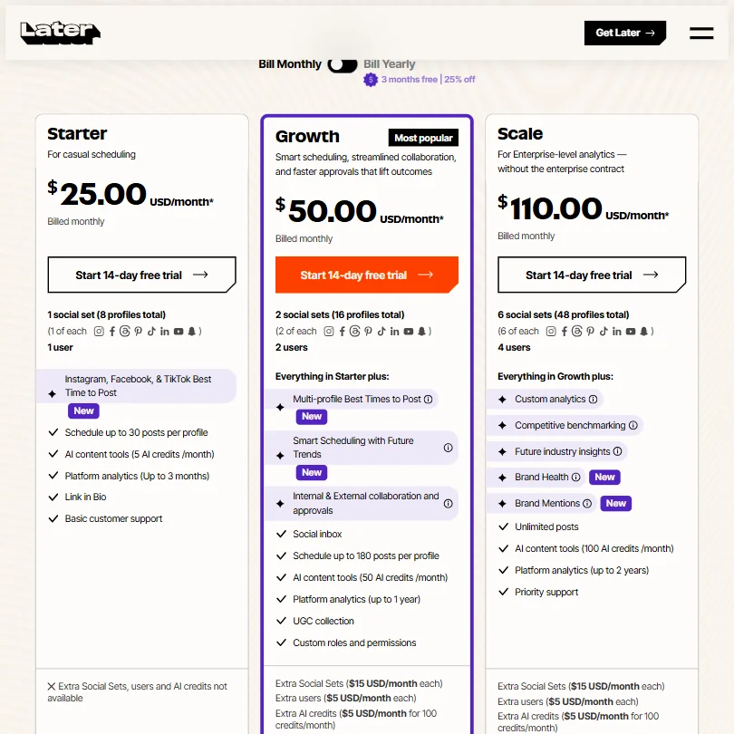 Later pricing screenshot