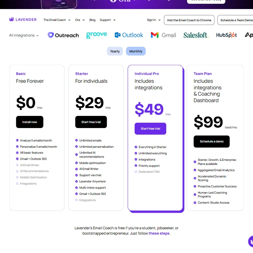 Lavender pricing screenshot