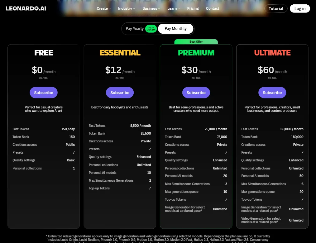 Leonardo.Ai pricing screenshot