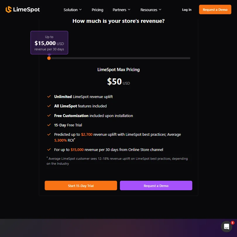 LimeSpot pricing screenshot