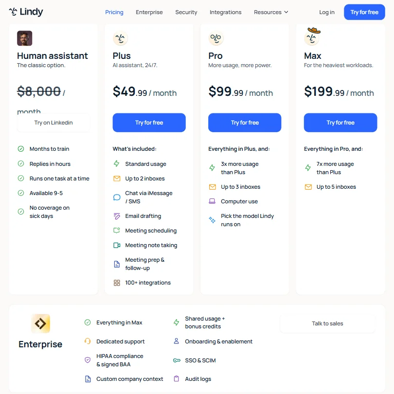 Lindy pricing screenshot