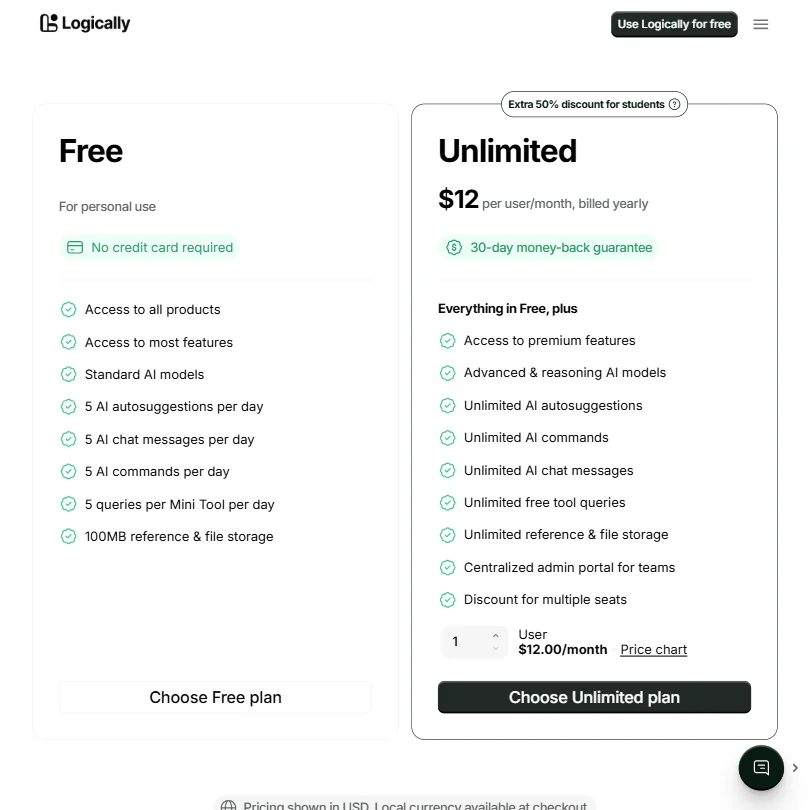 Logically pricing screenshot