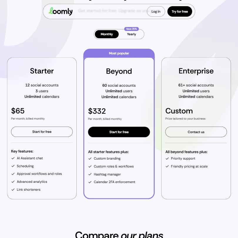 Loomly pricing screenshot
