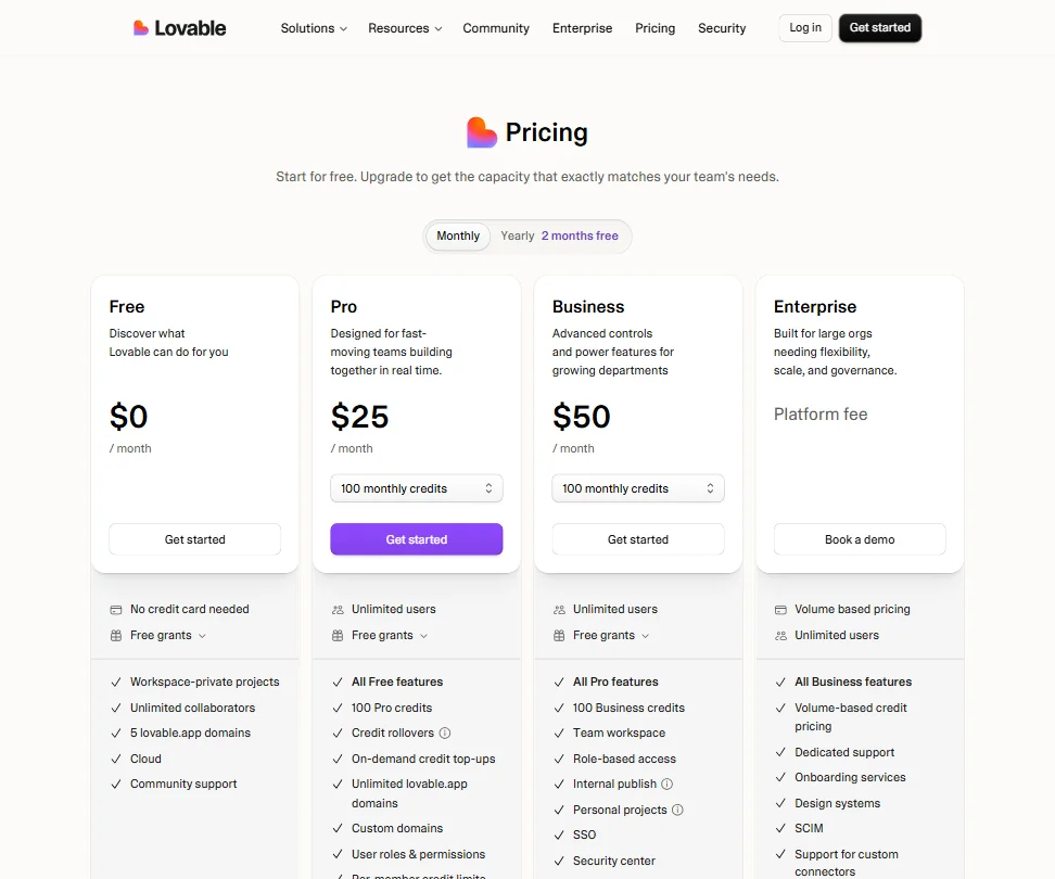 Lovable pricing screenshot