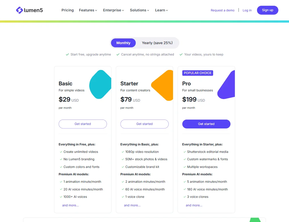 Lumen5 pricing screenshot