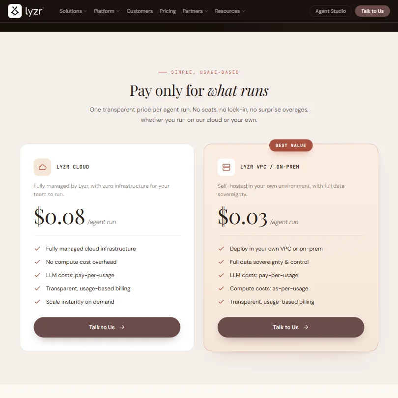 Lyzr pricing screenshot