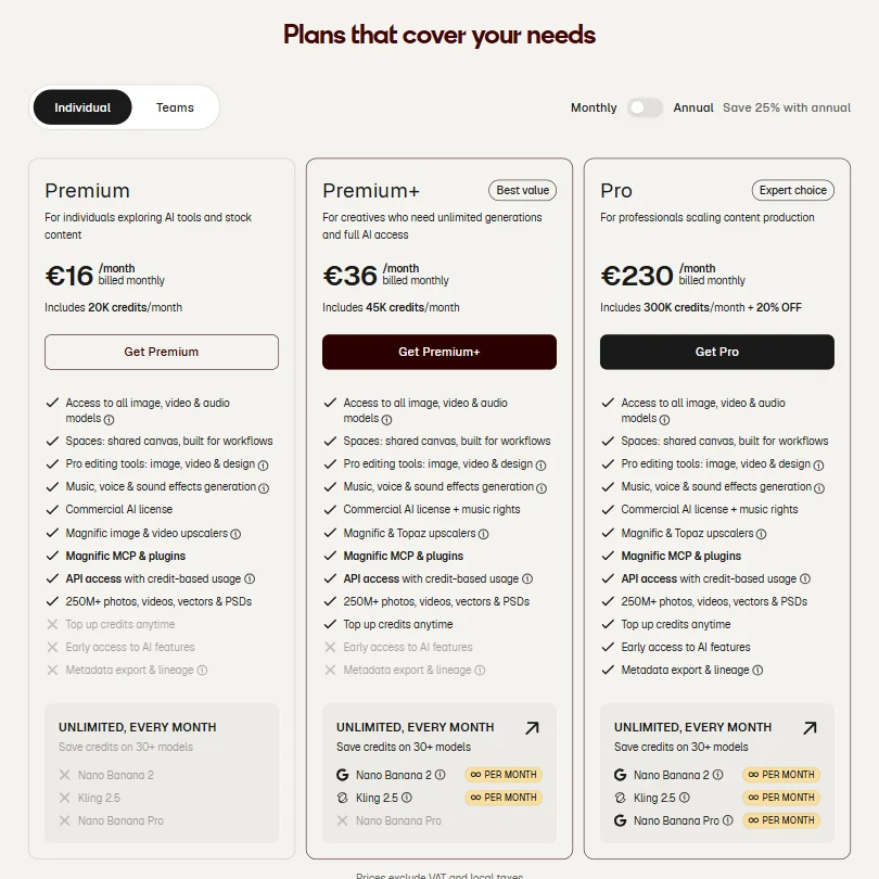 Magnific pricing screenshot