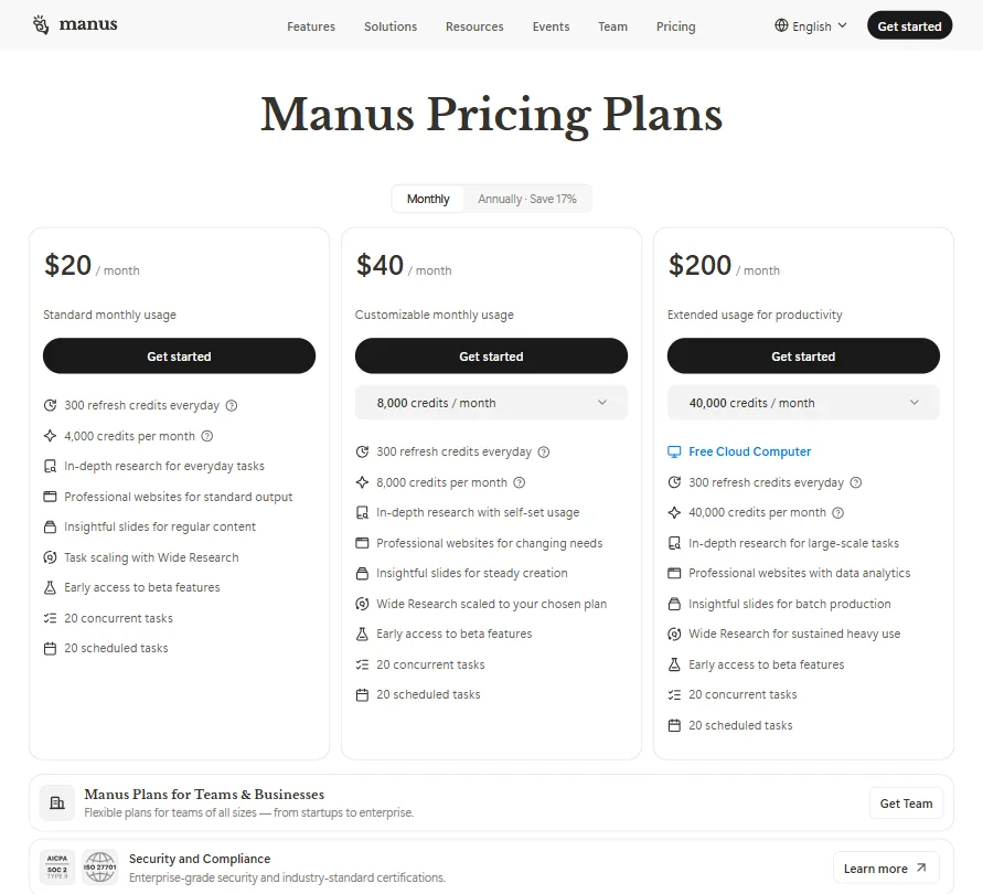 Manus pricing screenshot