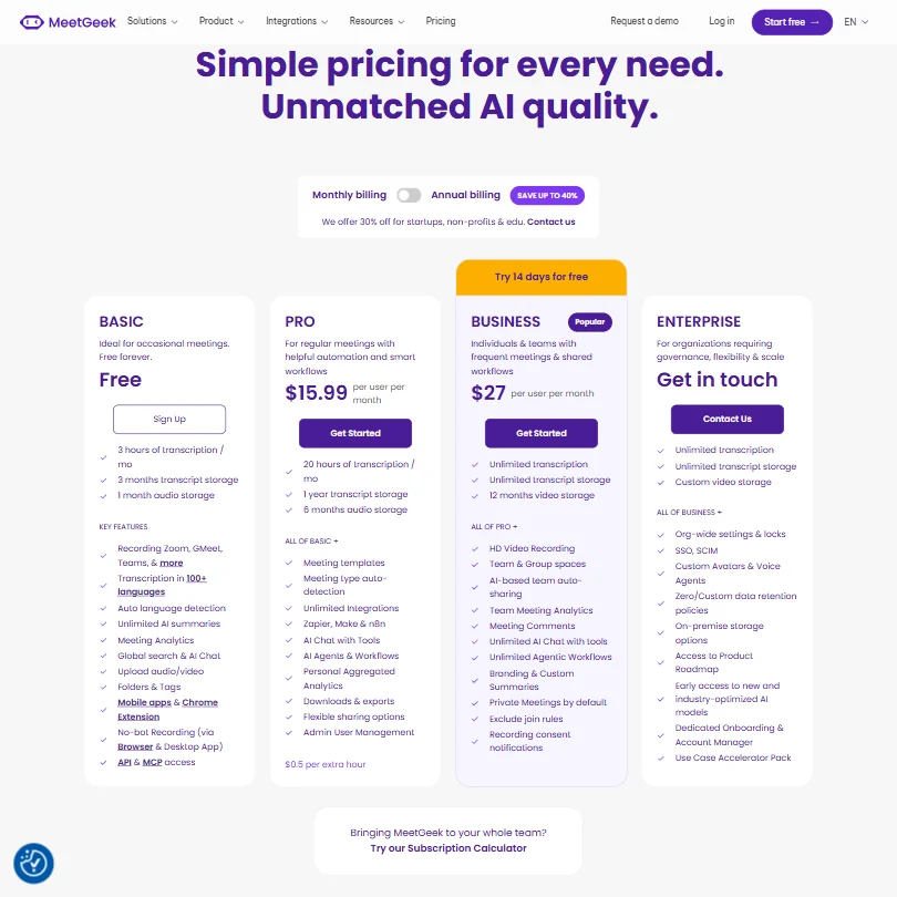 MeetGeek pricing screenshot
