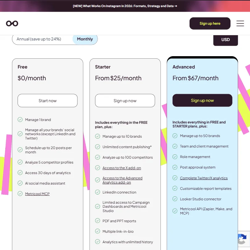 Metricool pricing screenshot