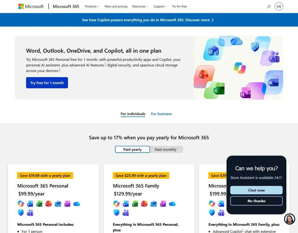 Microsoft Copilot pricing screenshot