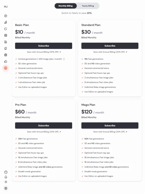 Midjourney pricing screenshot