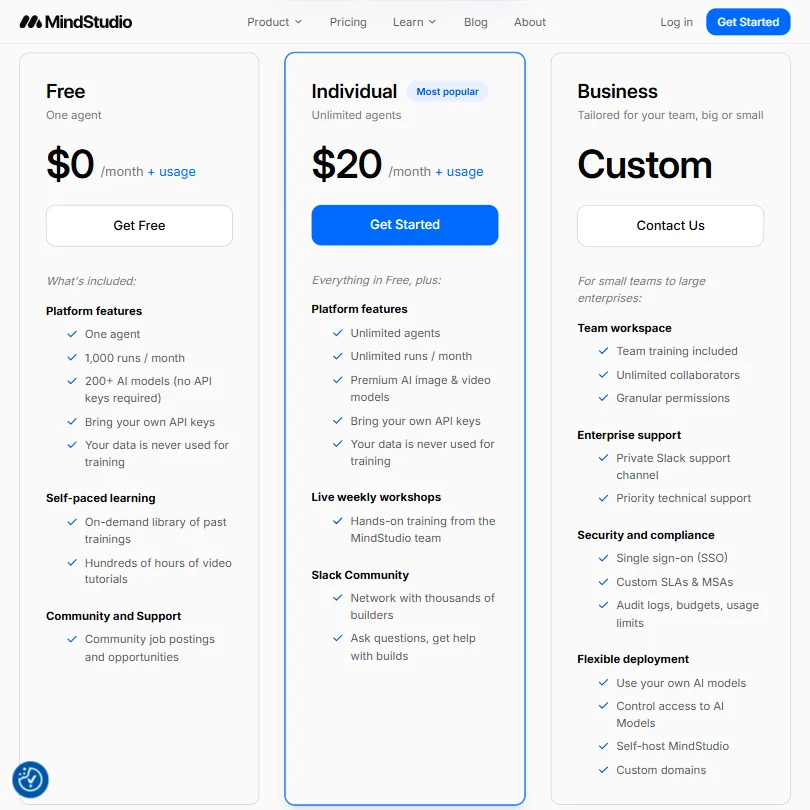 MindStudio pricing screenshot