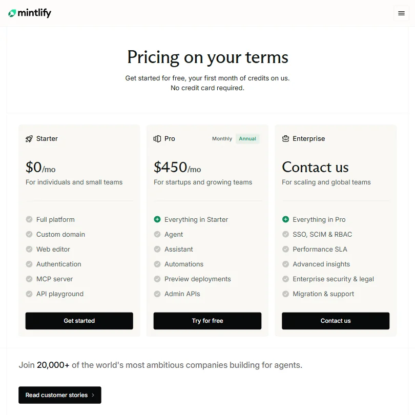 Mintlify pricing screenshot
