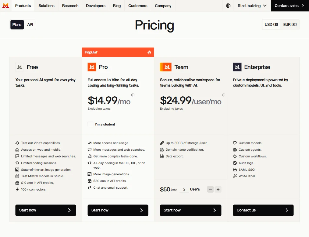 Mistral pricing screenshot