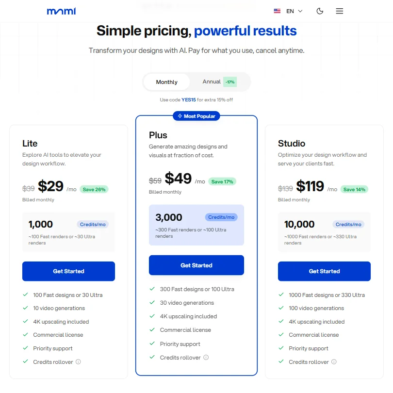 mnml.ai pricing screenshot