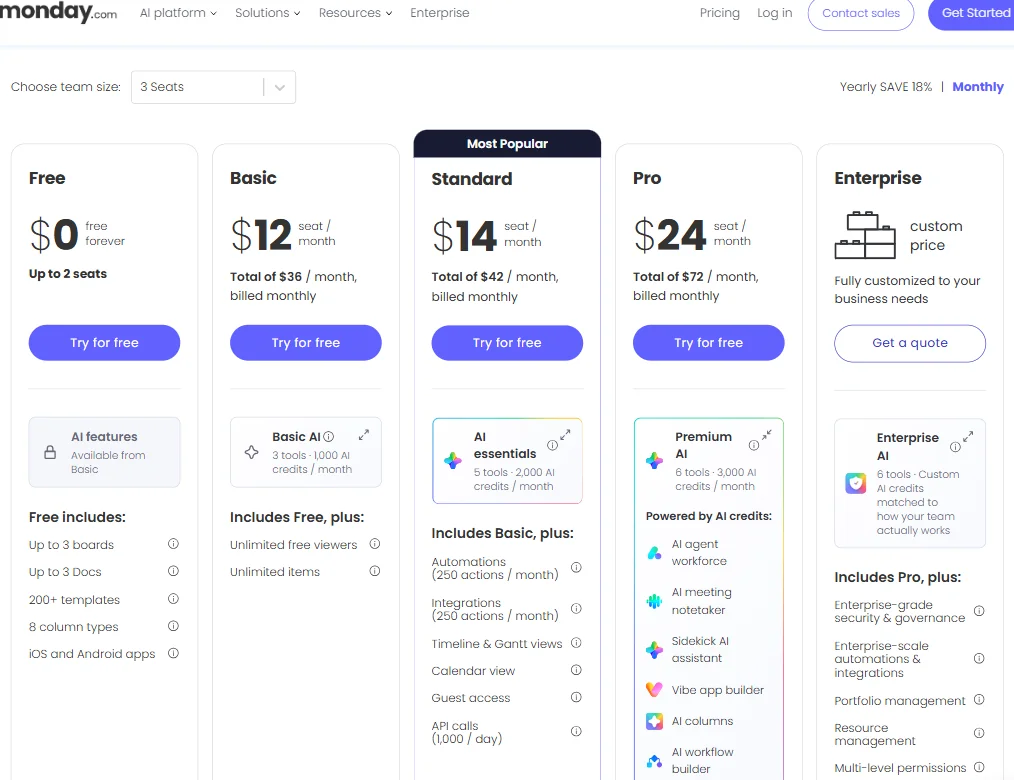 Monday pricing screenshot