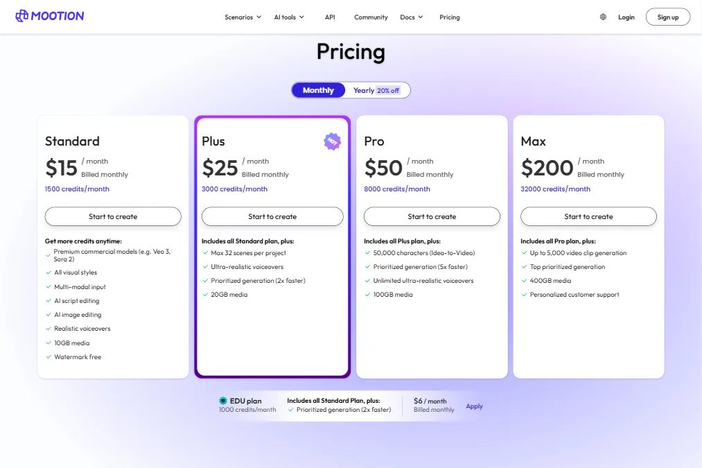Mootion pricing screenshot