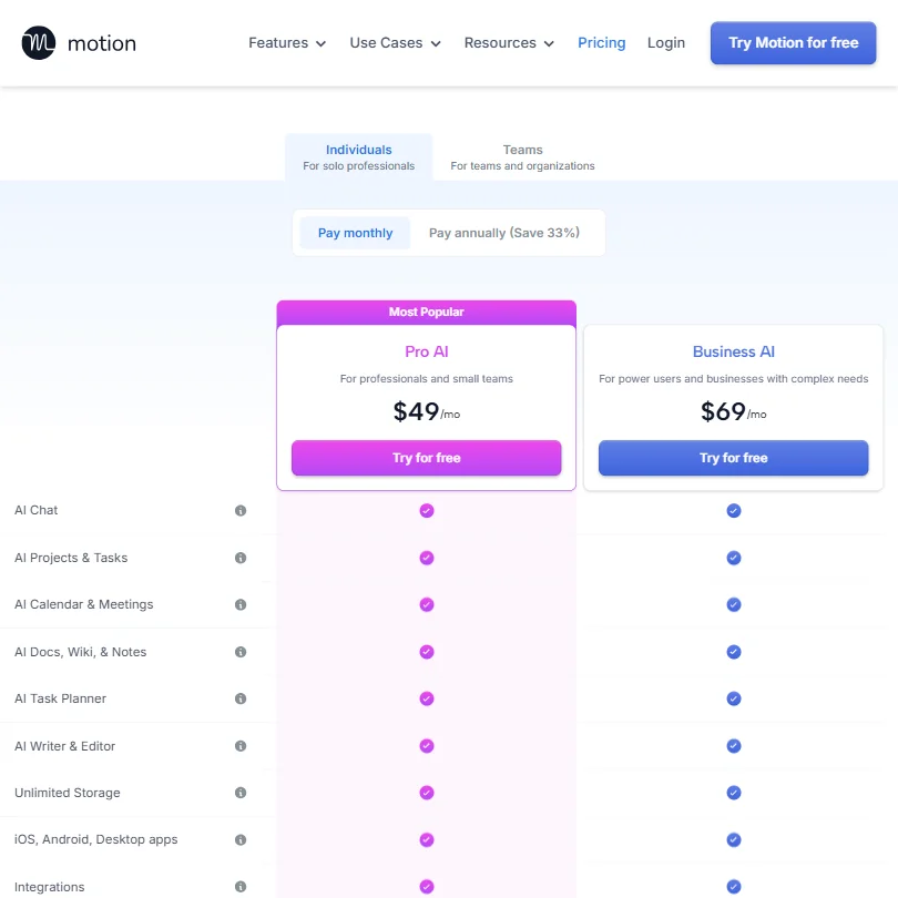 Motion pricing screenshot