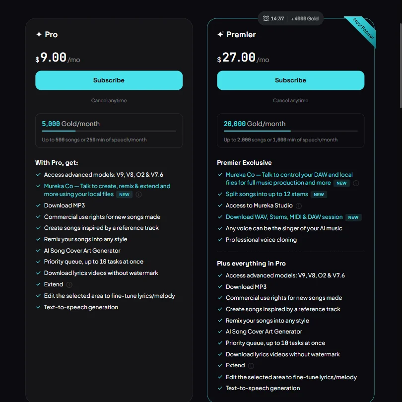Mureka pricing screenshot