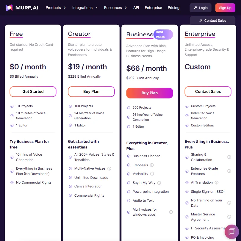 Murf AI pricing screenshot