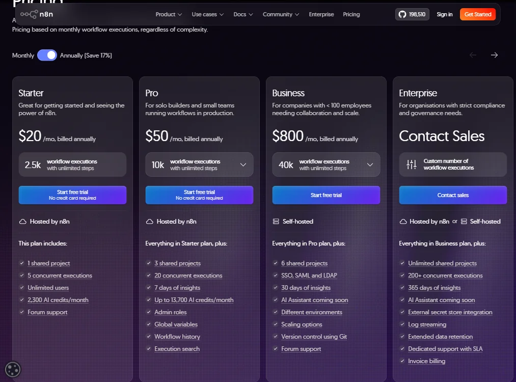 n8n pricing screenshot