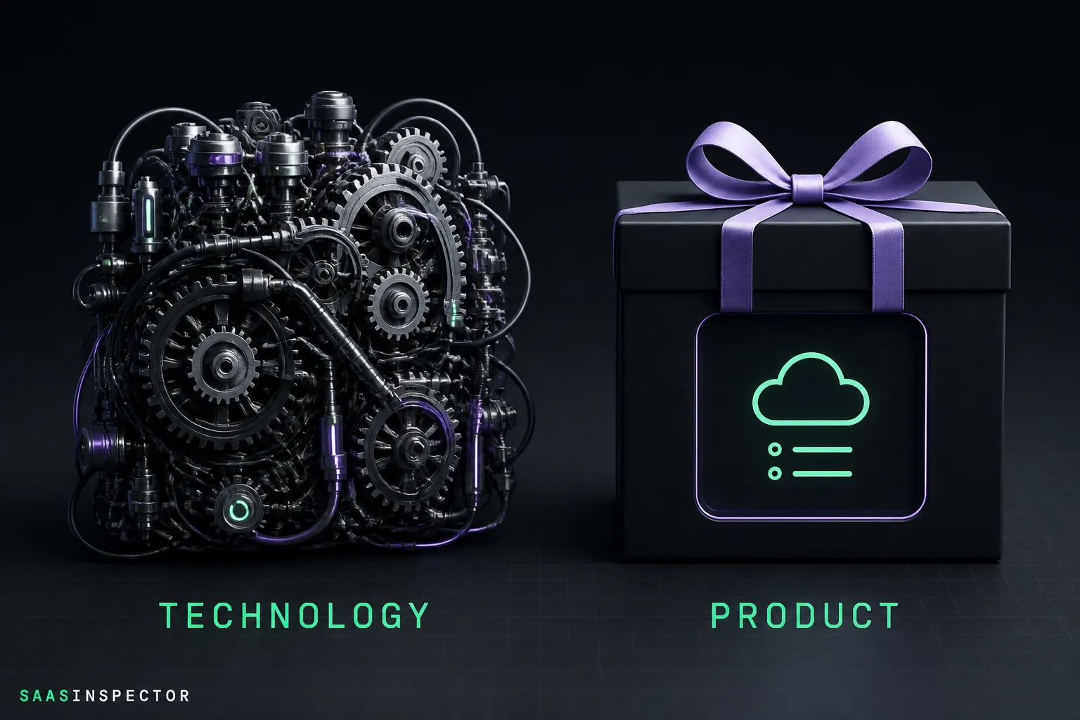A tangled mass of gears and wires labelled Technology sits beside a clean gift-wrapped box labelled Product, capturing Josh Miller's argument that AI agents…