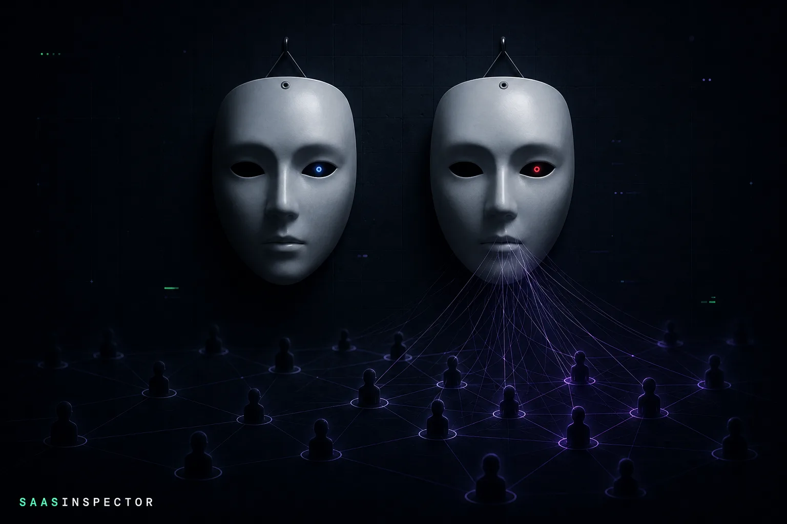 Two identical masks hang side by side, one concealing a red eye connected to a network below, illustrating how malicious crawlers impersonate legitimate AI…