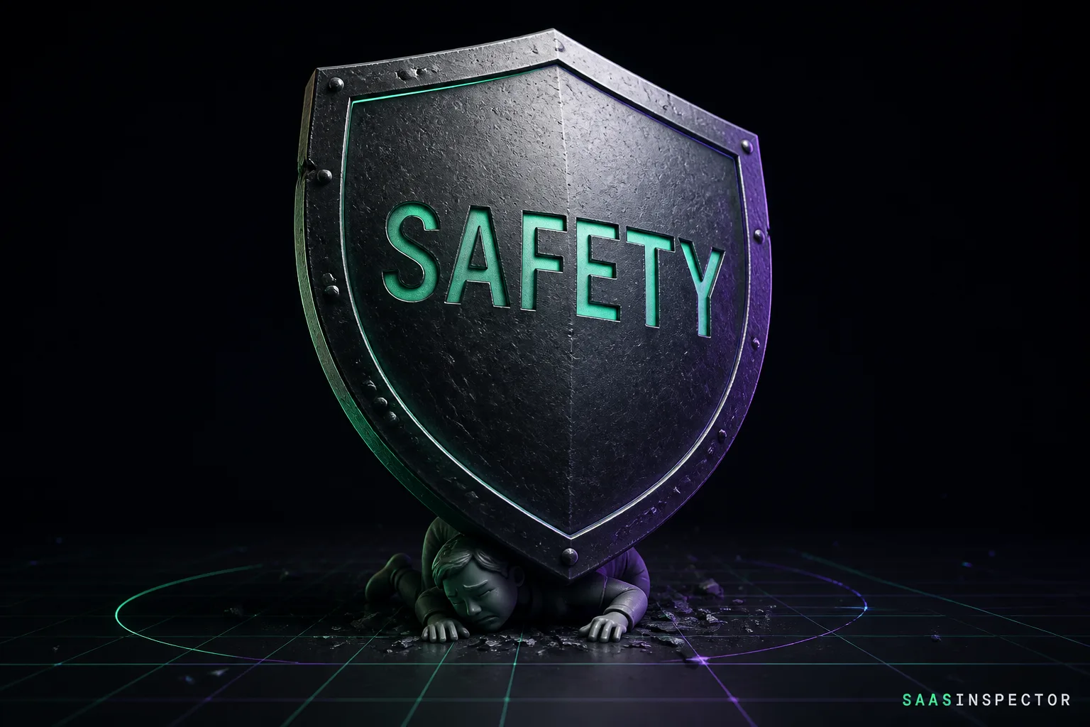 A shield labelled SAFETY pressing its pointed base onto a small human figure sheltering beneath it, representing AI detection tools like GPTZero and Turnitin…
