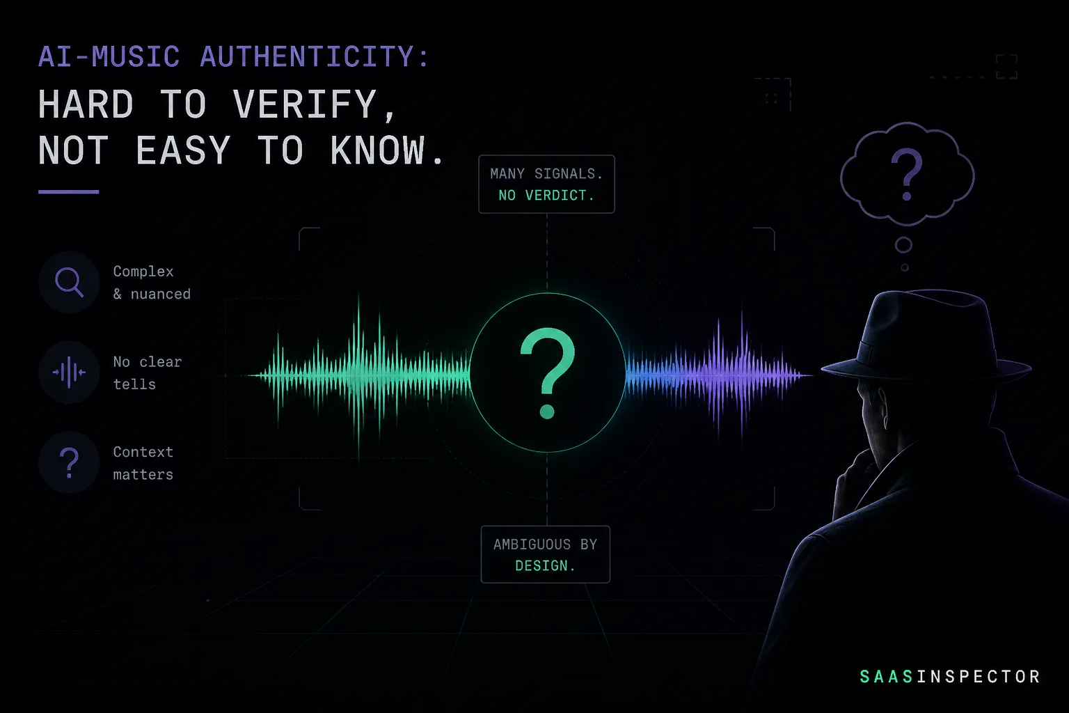 Illustration of the difficulty of verifying whether a music track is AI-generated, with no definitive answer shown