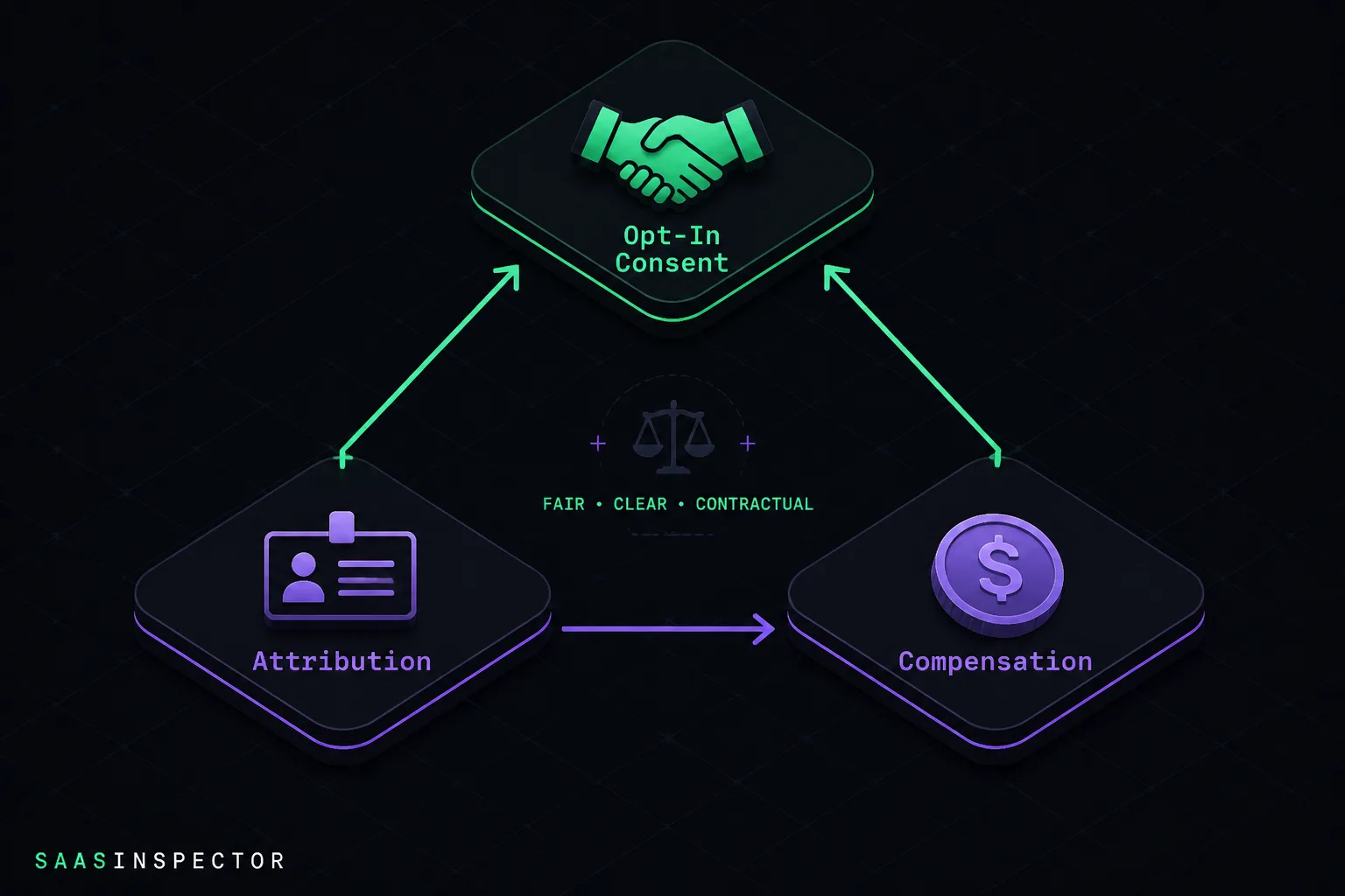 Diagram showing the three-part AI music licensing framework: opt-in consent, attribution, and compensation