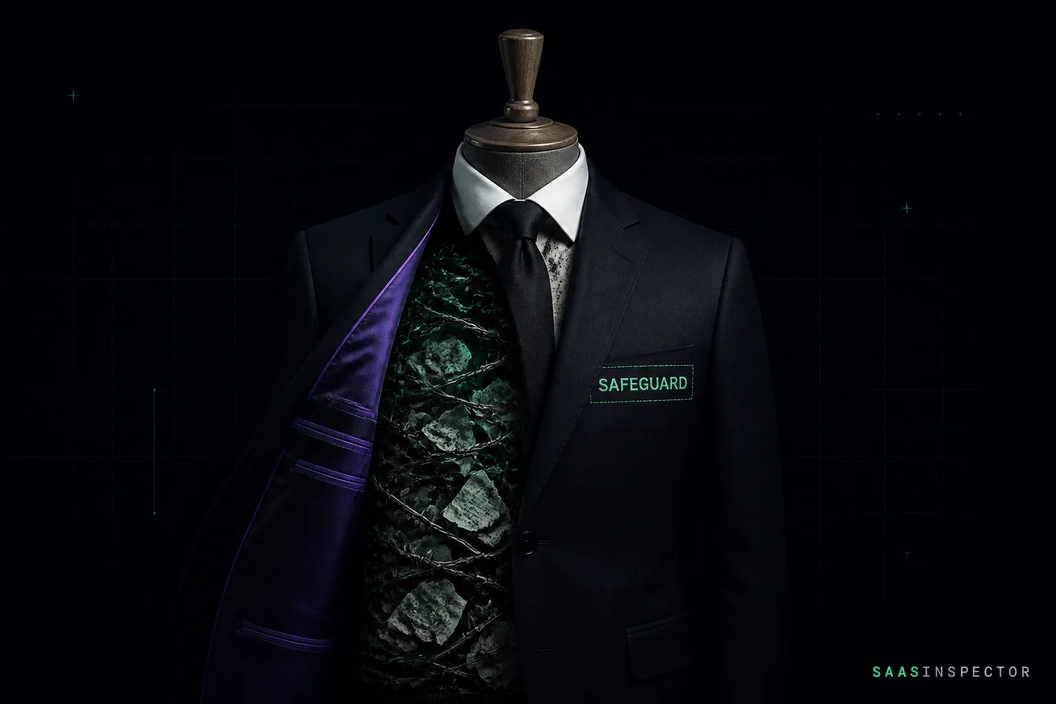 A mannequin wearing a jacket labelled SAFEGUARD that opens to reveal barbed wire and crushed documents inside, symbolising how AI safety policies and legal…