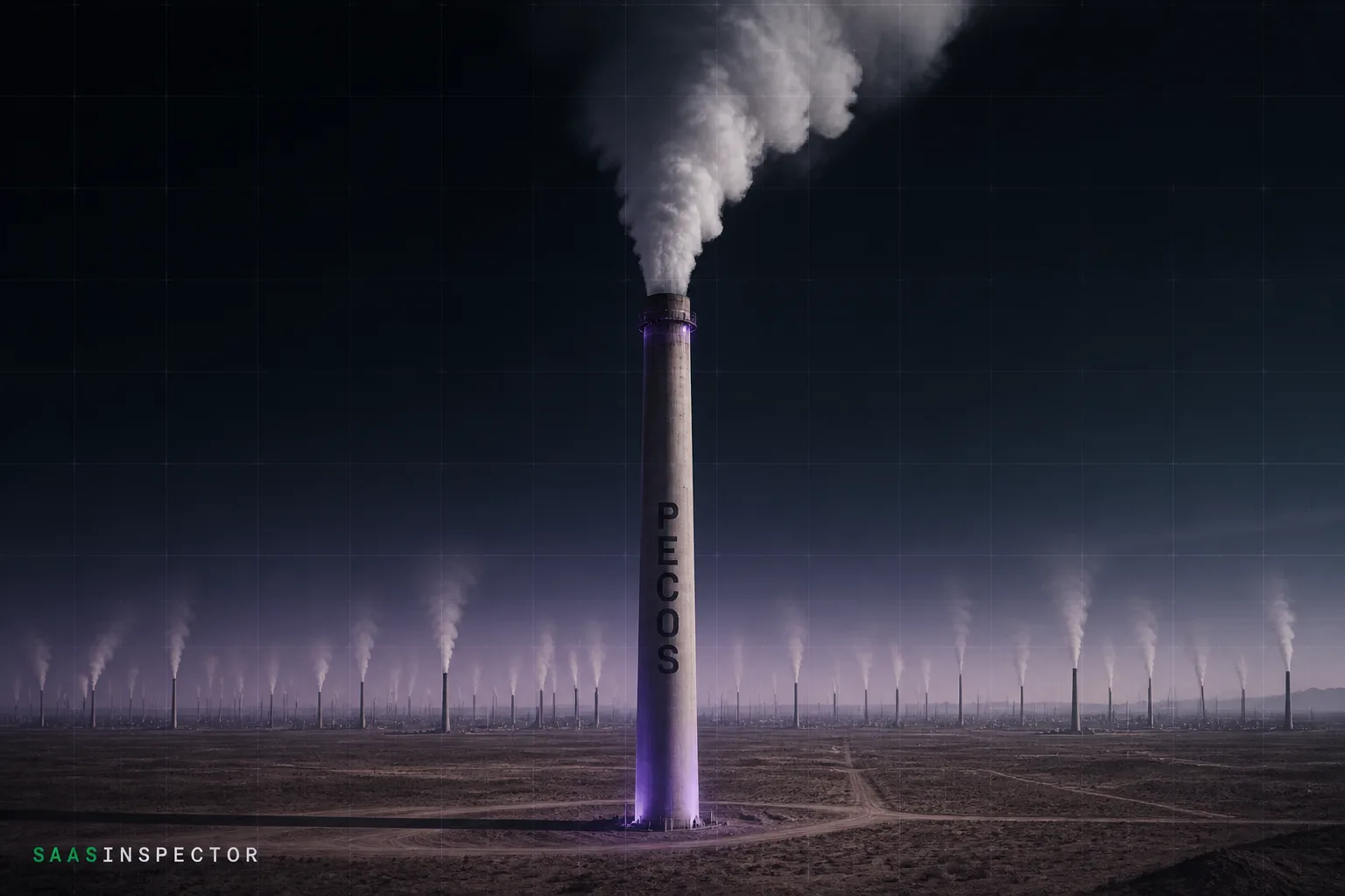 One enormous smokestack labeled Pecos towering over many smaller stacks, illustrating that Amazon's planned Texas plant would exceed every existing US power…