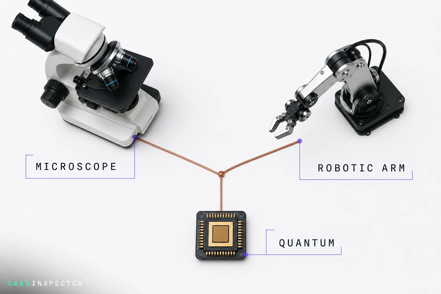 A microscope, robotic arm, and quantum computing chip are linked by wires to a central node, representing Anthropic's Model Hardware Standard connecting AI…