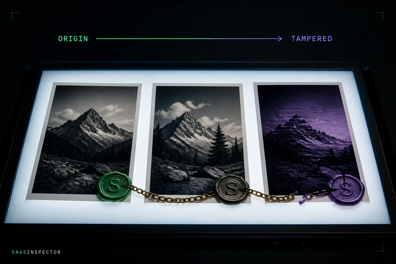 Three photograph prints on a lightbox are linked by a wax-seal chain showing C2PA provenance tracking, with the rightmost seal cracked to show detected…
