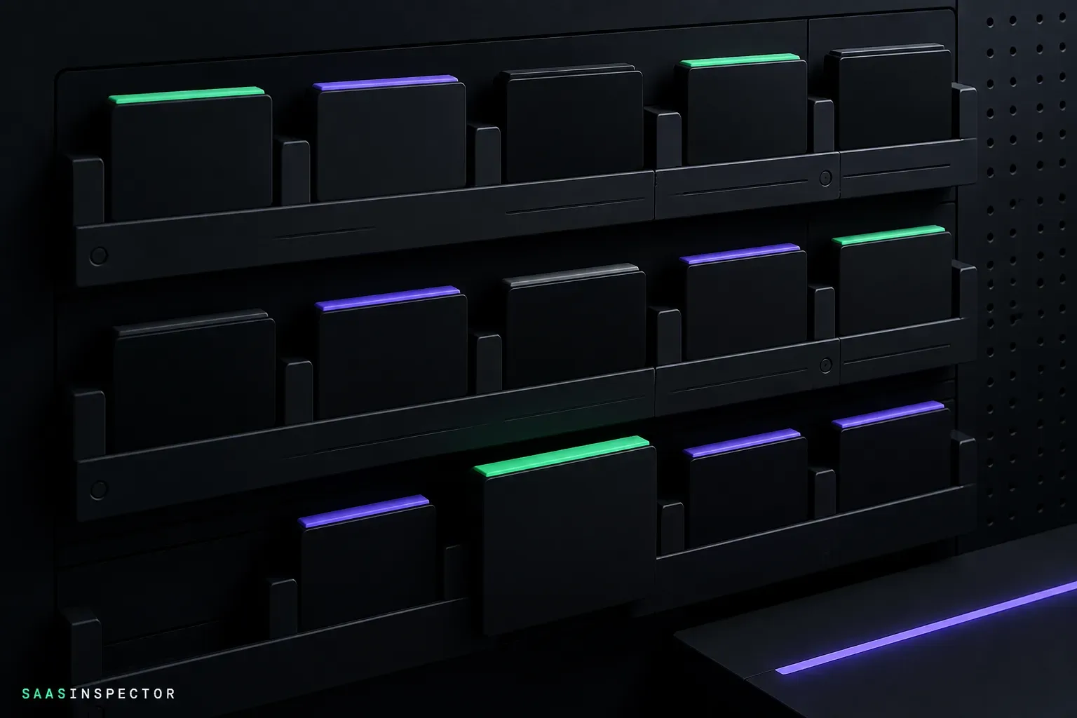 Rows of blank app modules slotted into one wall-mounted organiser, like plugins living inside a single platform.