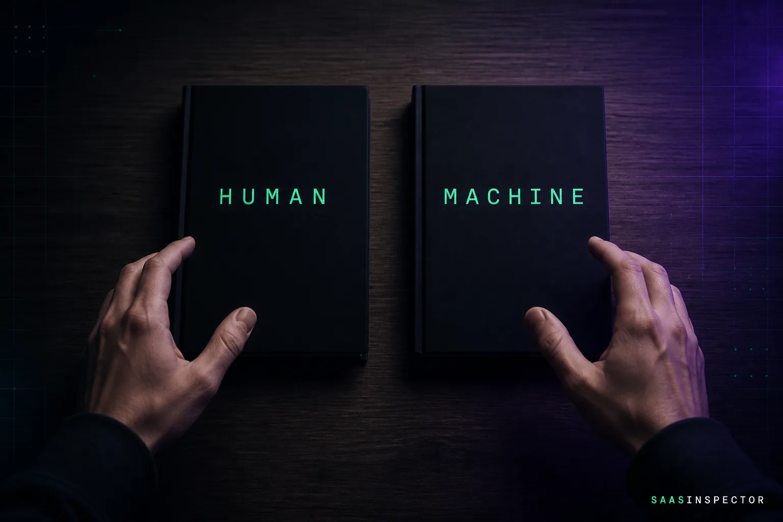 Two identical books labelled HUMAN and MACHINE lie side by side while a pair of hands hovers, unable to choose, referencing the ChatGPT short story quality…