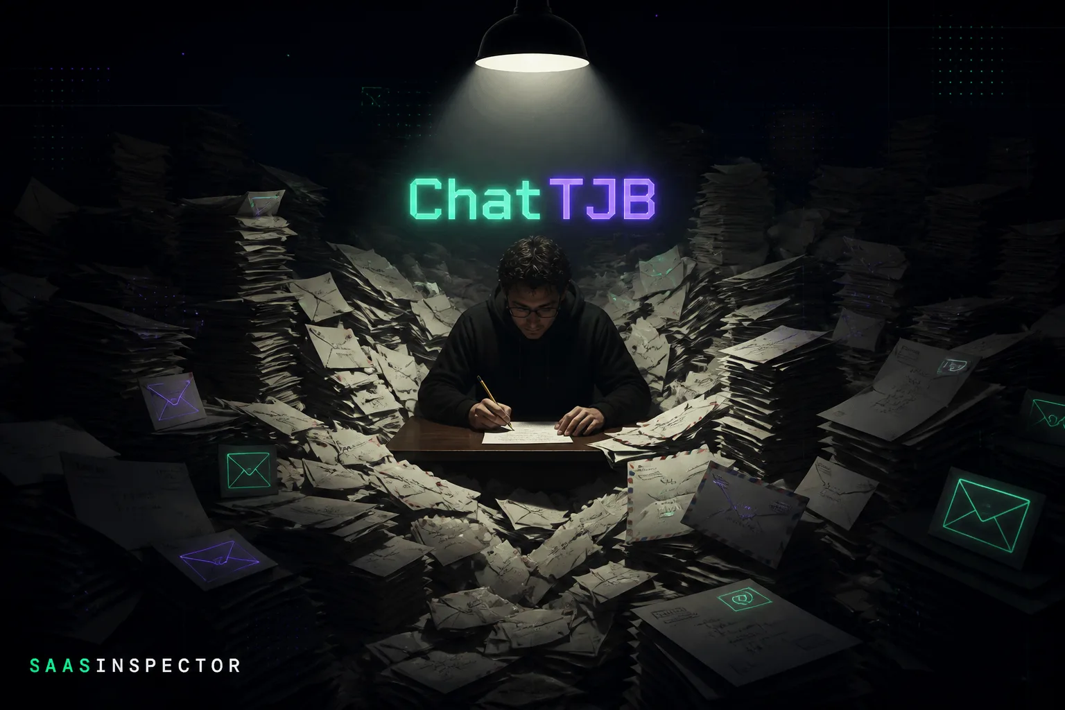 Tucker Bryant's ChatTJB concept visualised as one person at a desk buried under towering stacks of incoming paper letters, hand-writing replies one at a time.