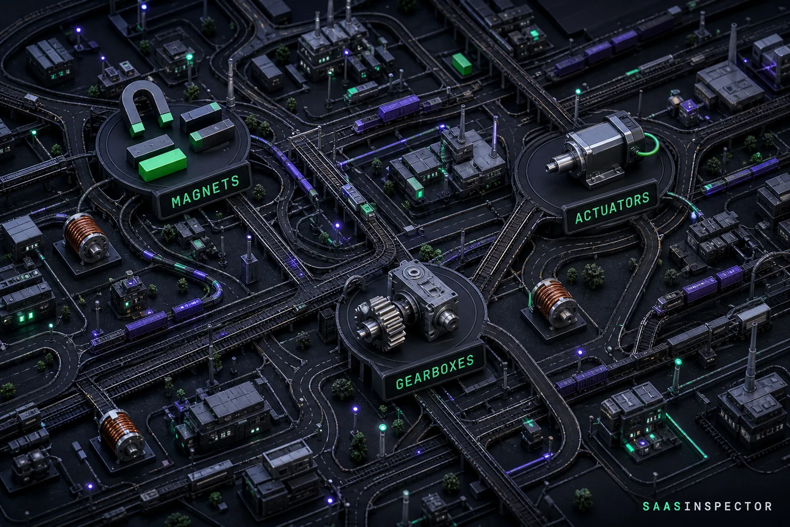 A scale-model diorama of interconnected factory supply-chain routes with node labels for magnets, actuators, and gearboxes representing China's robotics…