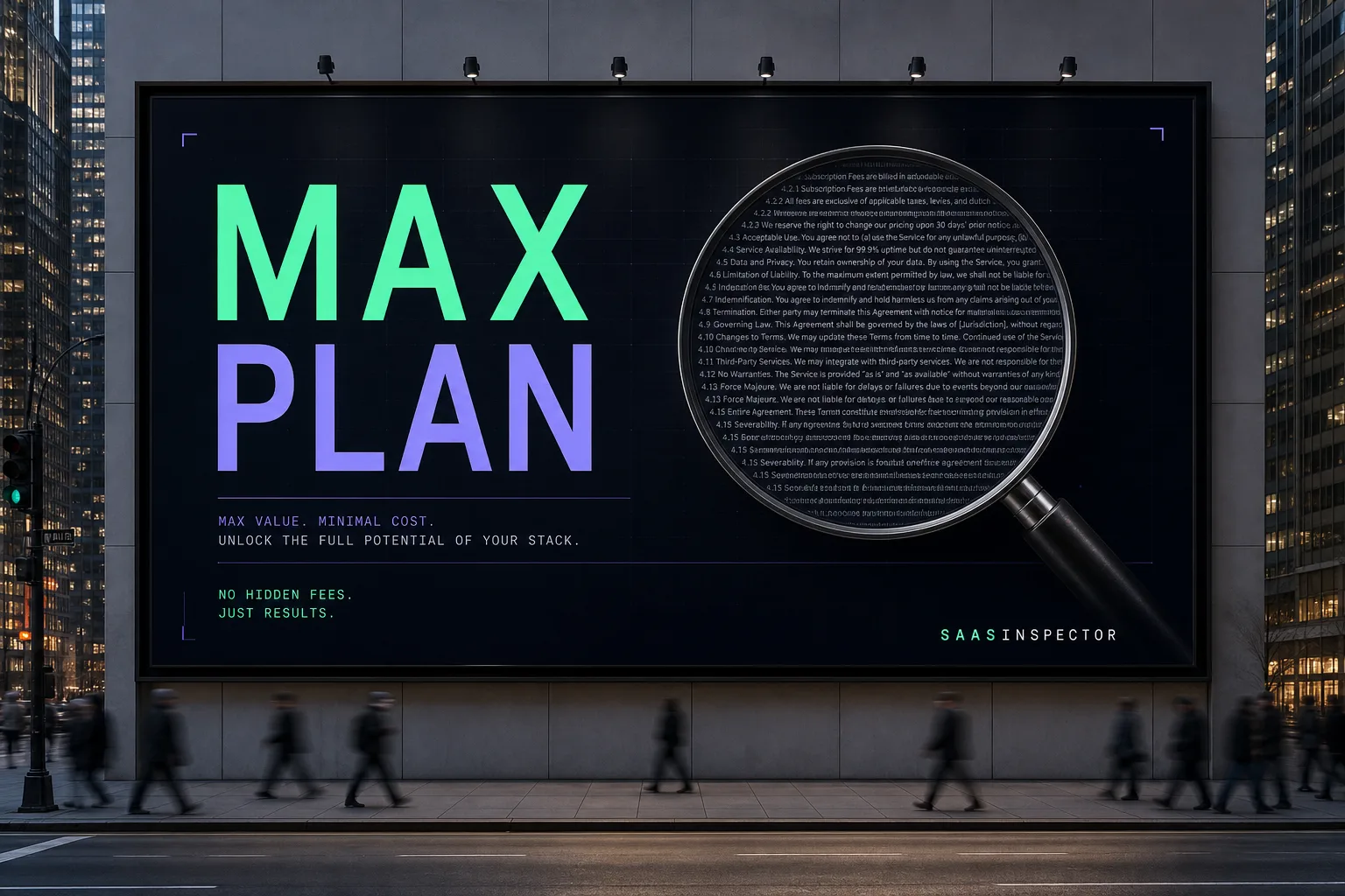 A billboard advertising a Max Plan with a magnifying glass exposing dense hidden fine print below, representing the class action lawsuit over allegedly…